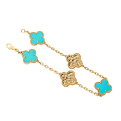 Bracelet Breloque VAN CLEEF & ARPELS "Alhambra" en or jaune, turquoises et diamants - Castafiore