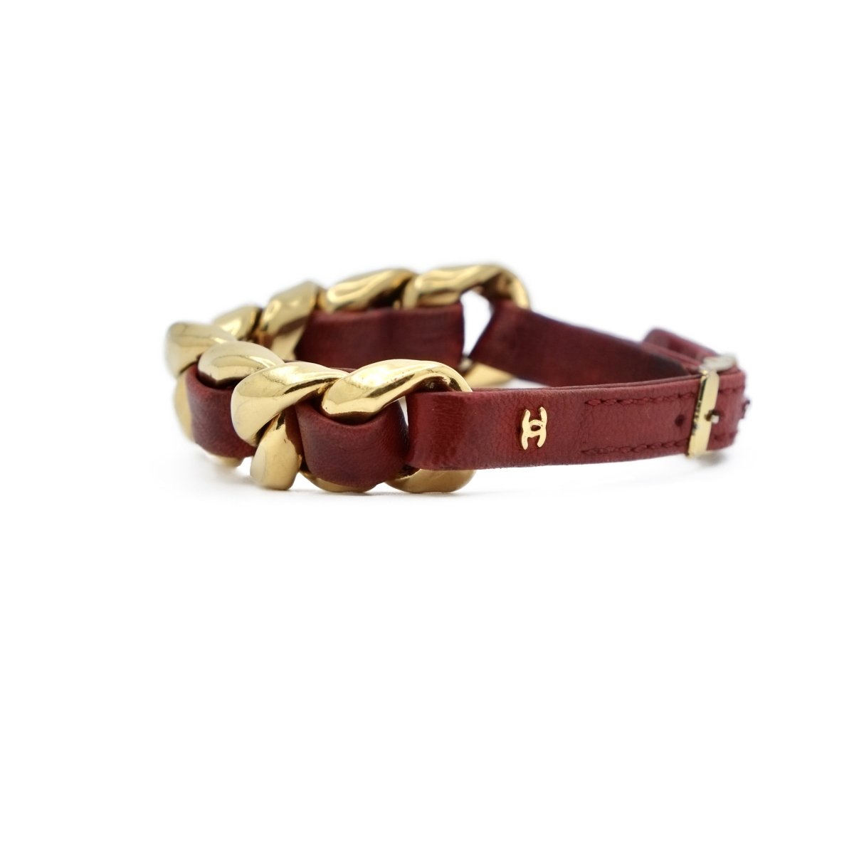 Bracelet CHANEL gourmette en métal doré et cuir - Castafiore