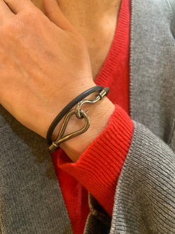 Bracelet Hermès Jumbo Double Métal Argenté Cuir - Castafiore