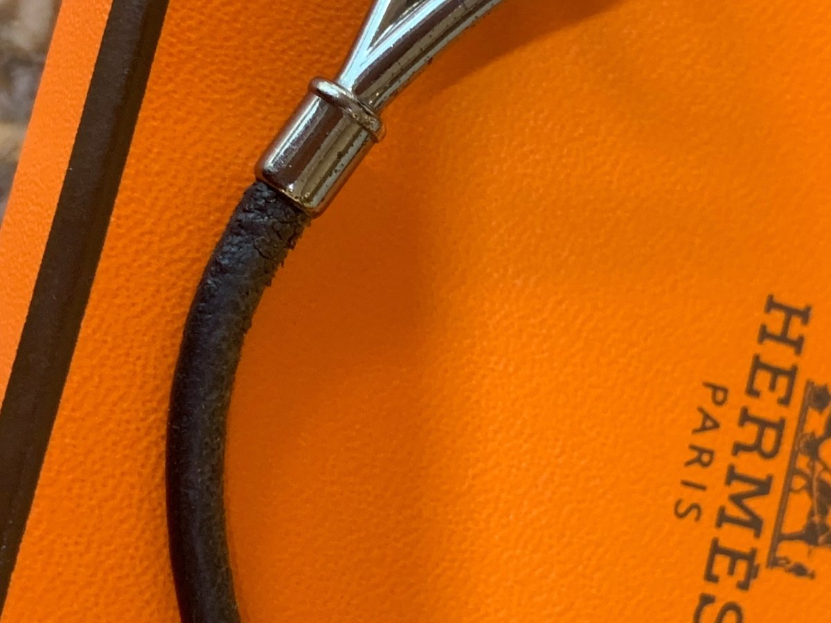 Bracelet Hermès Jumbo Double Métal Argenté Cuir - Castafiore