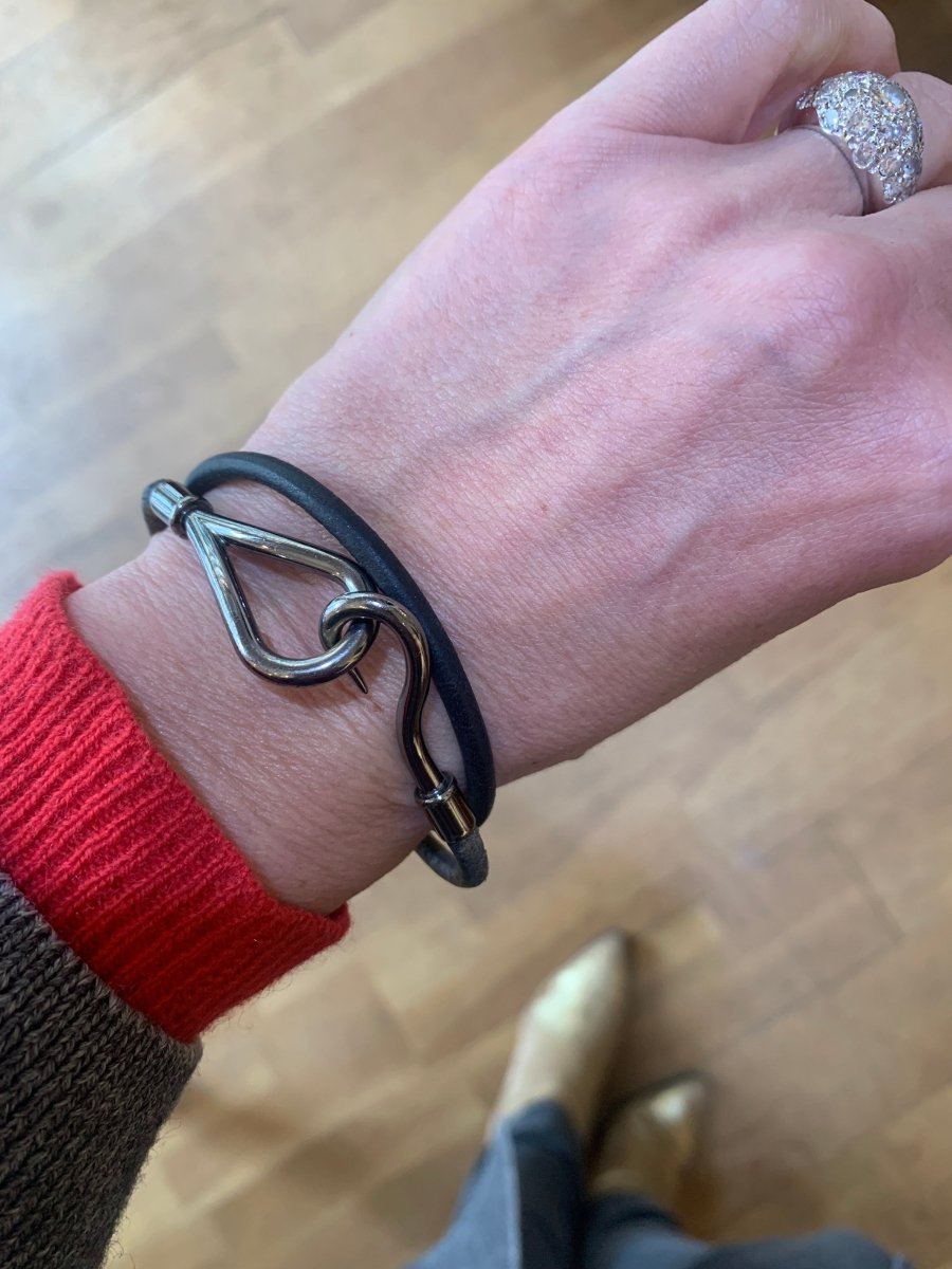 Bracelet Hermès Jumbo Double Métal Argenté Cuir - Castafiore