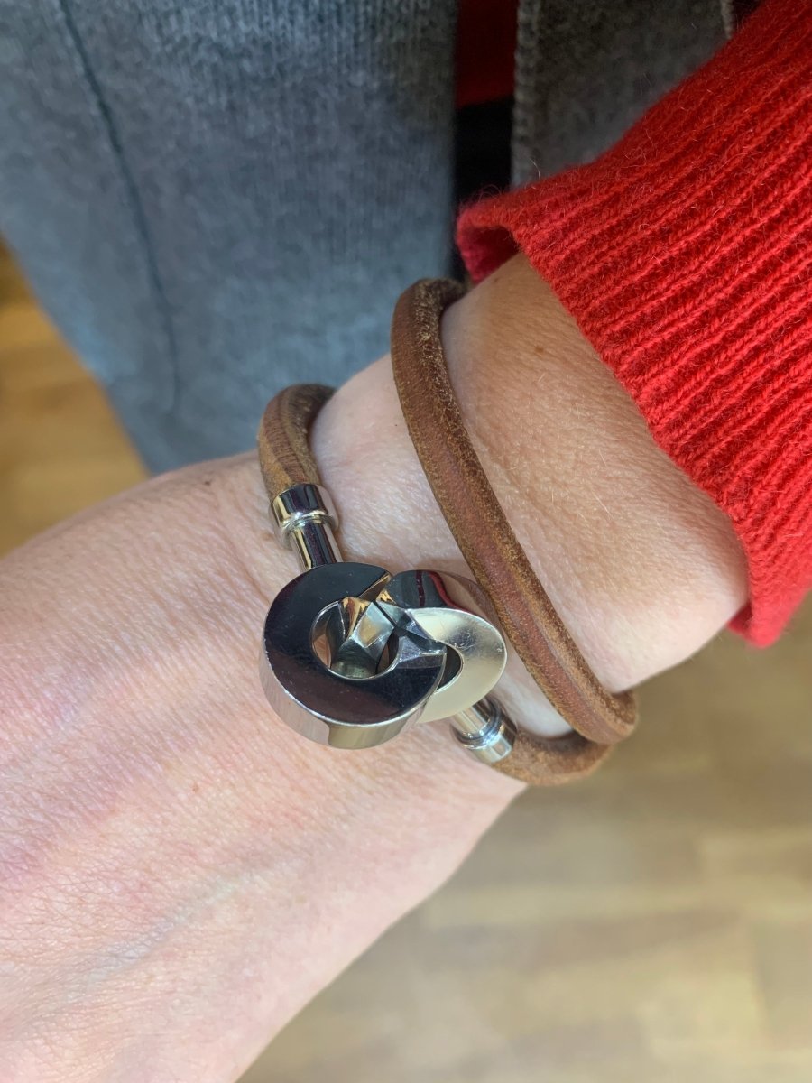 Bracelet Hermès Lancelot Double Métal Argenté Cuir - Castafiore