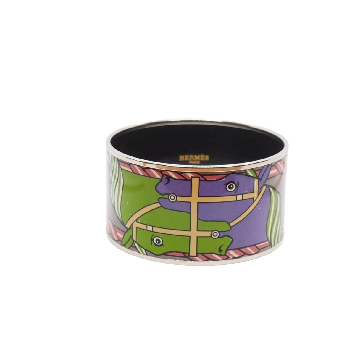 Bracelet Hermès manchette en métal argenté émaillé - Castafiore
