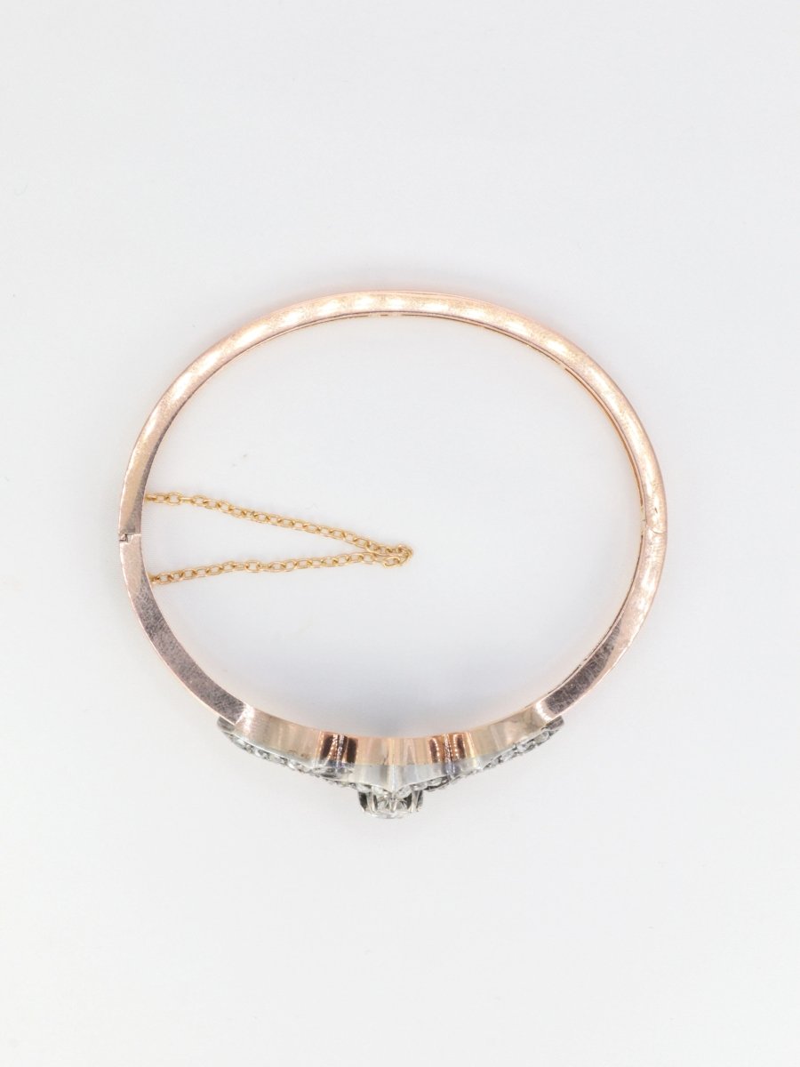 Bracelet jonc ancien fin 19ème en or rose, argent et diamants taille ancienne - Castafiore