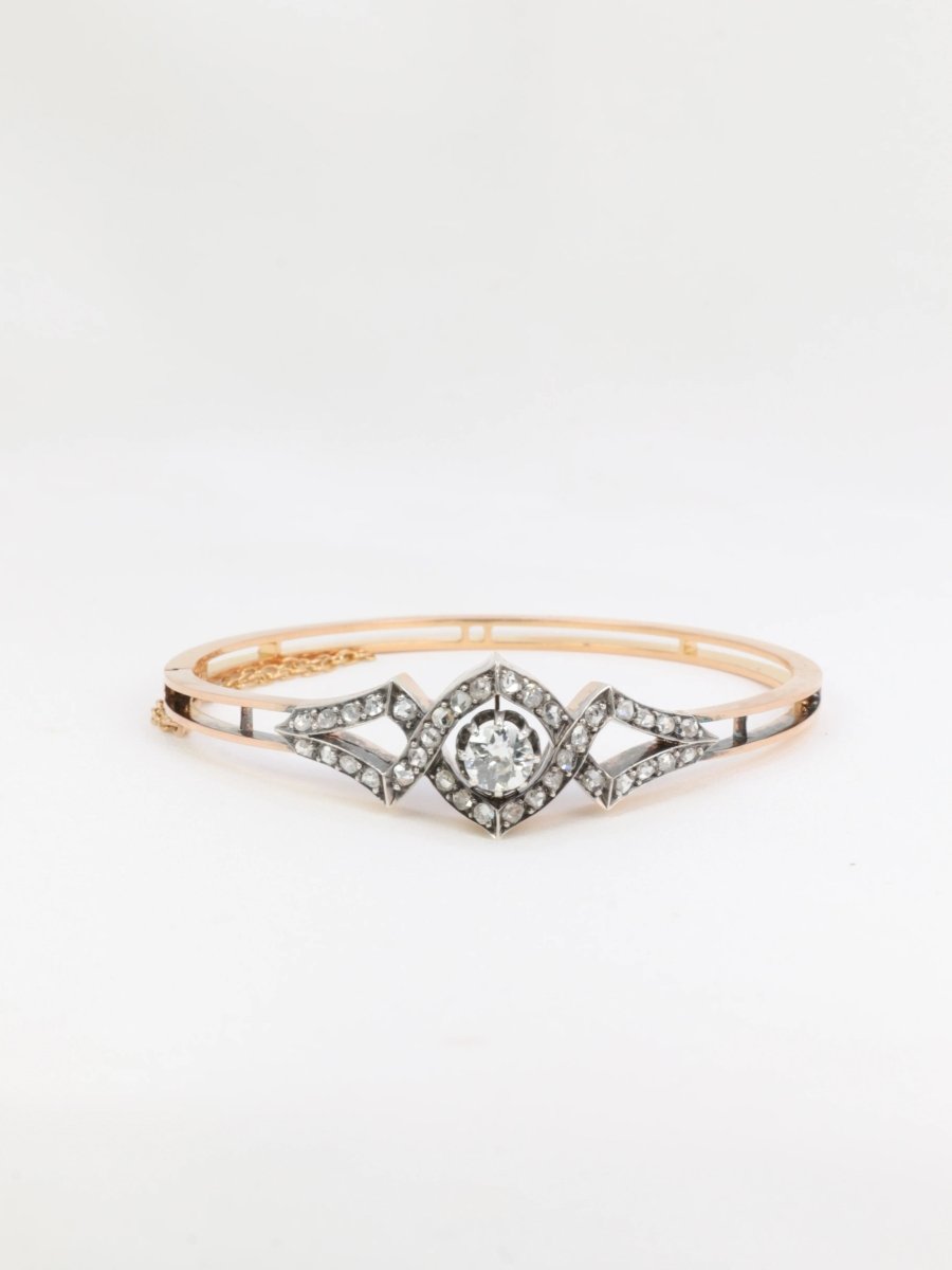 Bracelet jonc ancien fin 19ème en or rose, argent et diamants taille ancienne - Castafiore