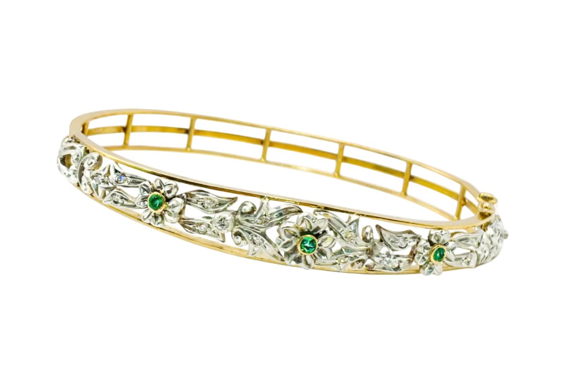 Bracelet Jonc en or jaune, argent, émeraudes et diamants - Castafiore