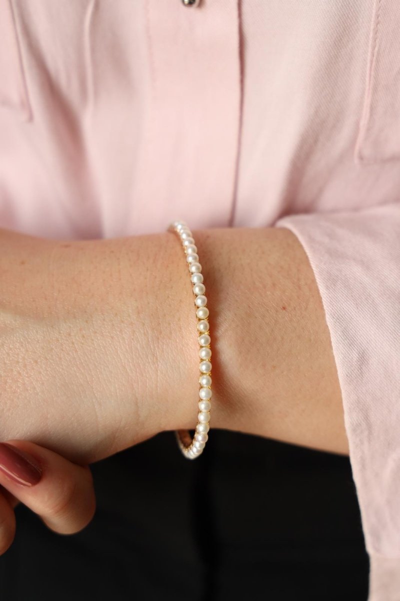 Bracelet Jonc GINETTE NY "Open Pearl Bang" en Or rose et Perle - Castafiore