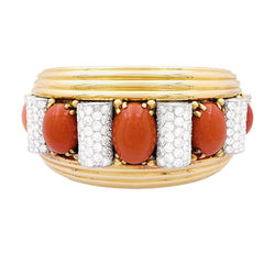 Bracelet jonc RENÉ BOIVIN en platine, or jaune, corail et diamants - Castafiore