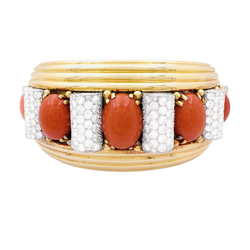 Bracelet jonc RENÉ BOIVIN en platine, or jaune, corail et diamants - Castafiore