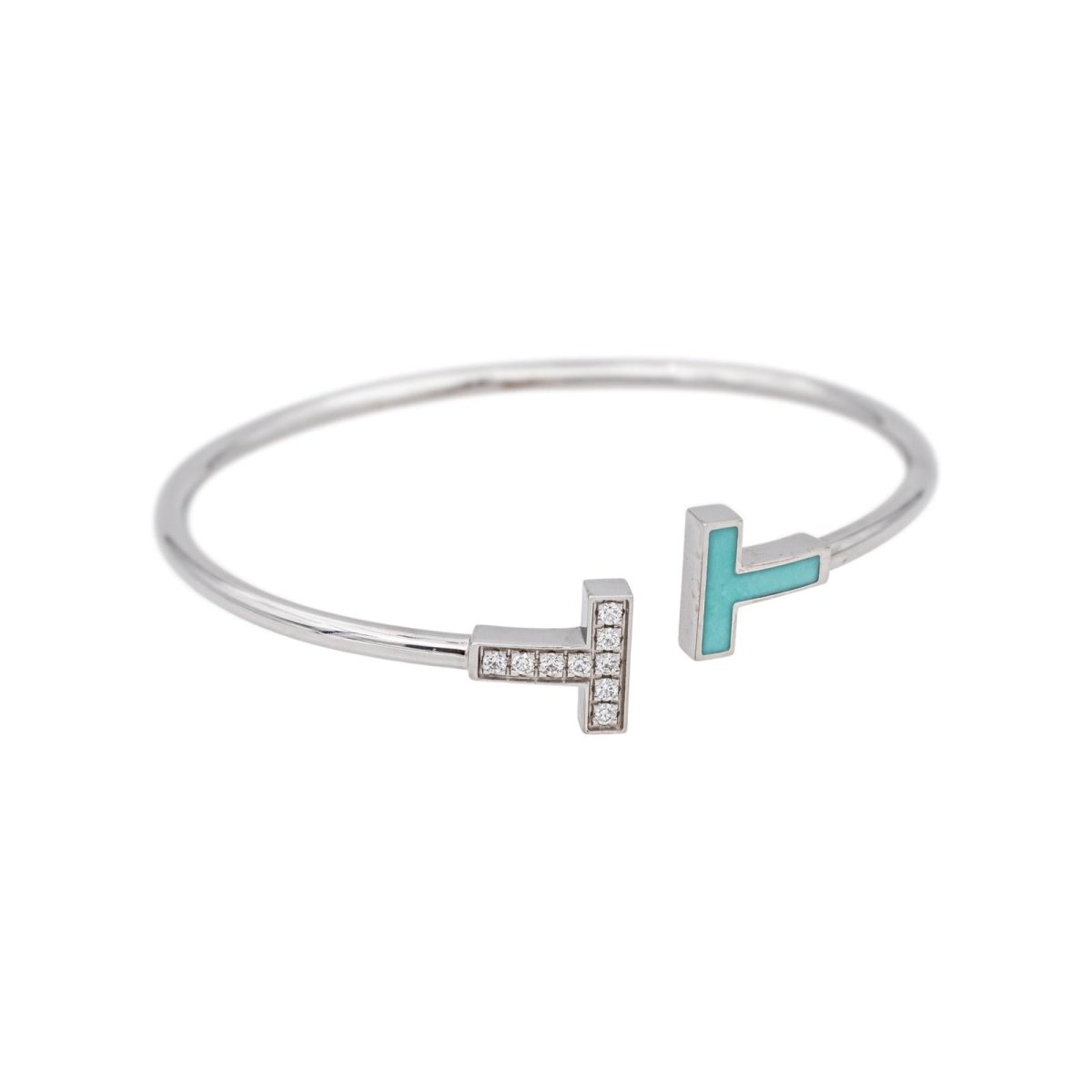 Bracelet Jonc TIFFANY & CO. "Tiffany T" en or blanc, turquoise et diamants - Castafiore