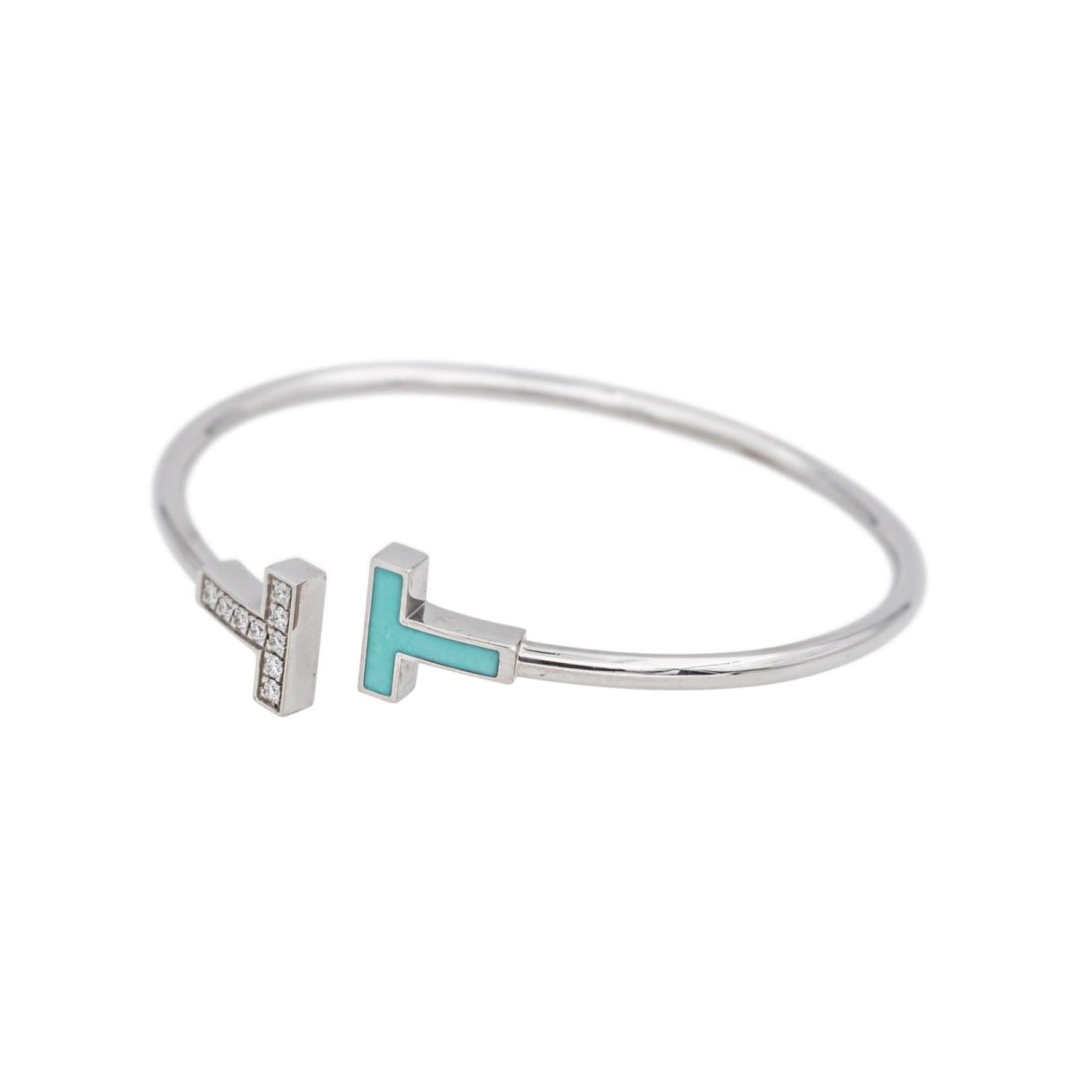 Bracelet Jonc TIFFANY & CO. "Tiffany T" en or blanc, turquoise et diamants - Castafiore