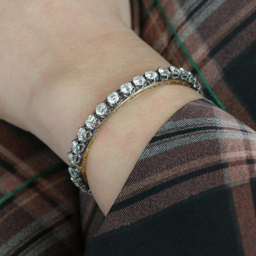 Bracelet jonc vintage or argent diamants 12 ct - Castafiore