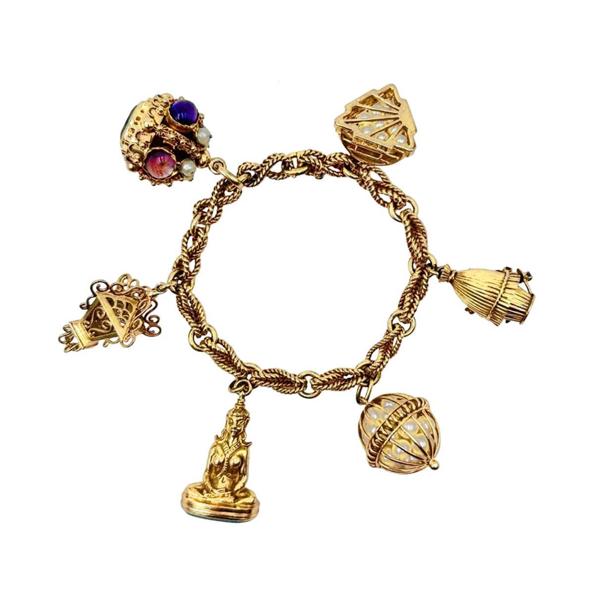 Bracelet Maille Breloques en or jaune, perles, améthystes, amazonite, grenat, turquoise, rubis et saphir - Castafiore