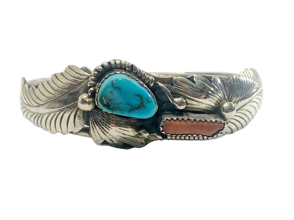 Bracelet Manchette en argent, turquoise et corail - Castafiore