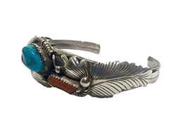 Bracelet Manchette en argent, turquoise et corail - Castafiore