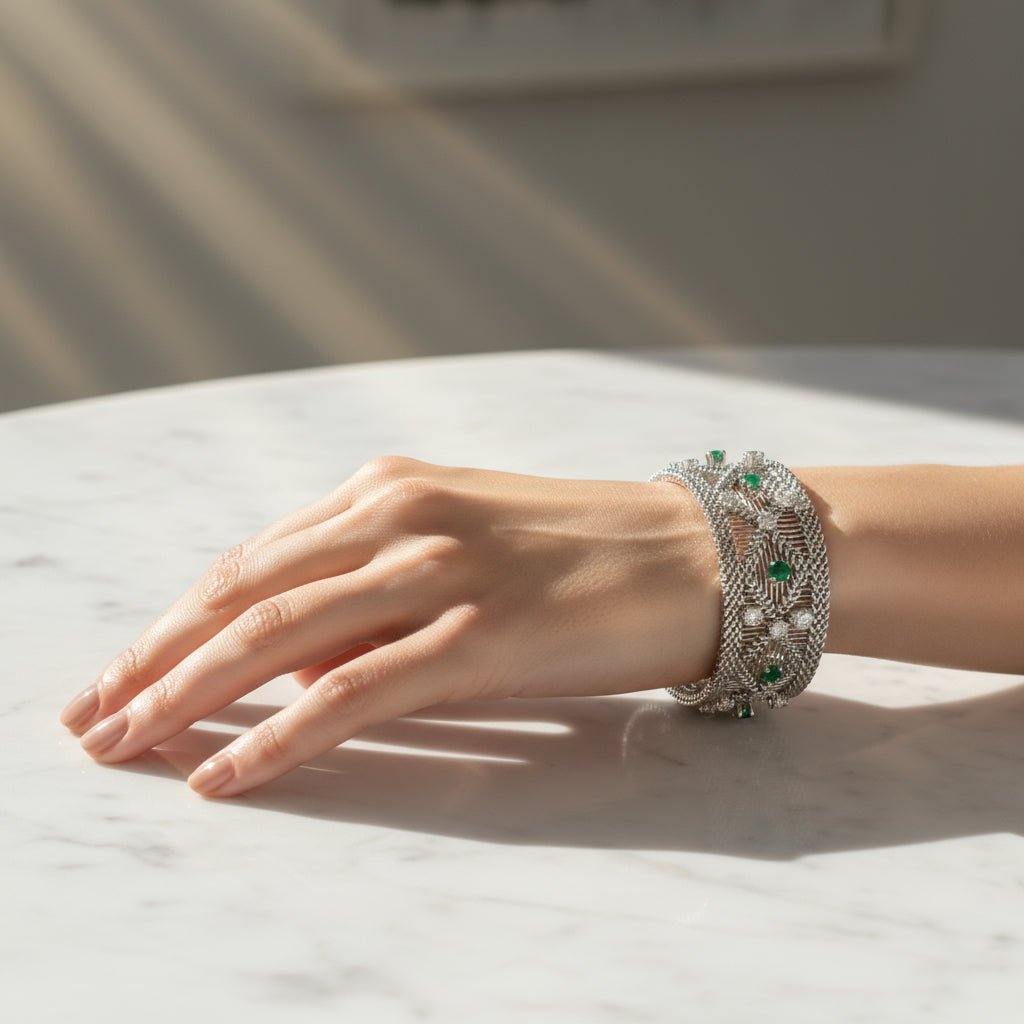 Bracelet Manchette en or blanc, émeraudes et diamants - Castafiore