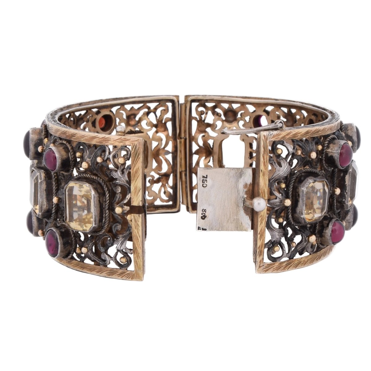 Bracelet Manchette en or jaune, argent, béryls et grenats - Castafiore