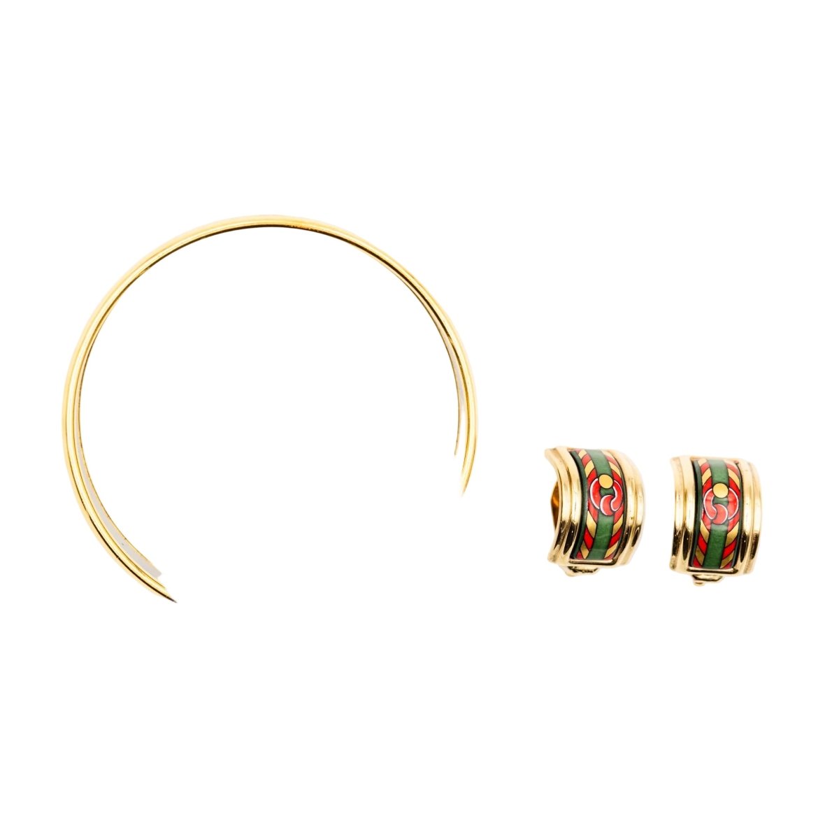 Bracelet Manchette et Boucles d'oreilles Clips HERMÈS en métal doré et émail - Castafiore