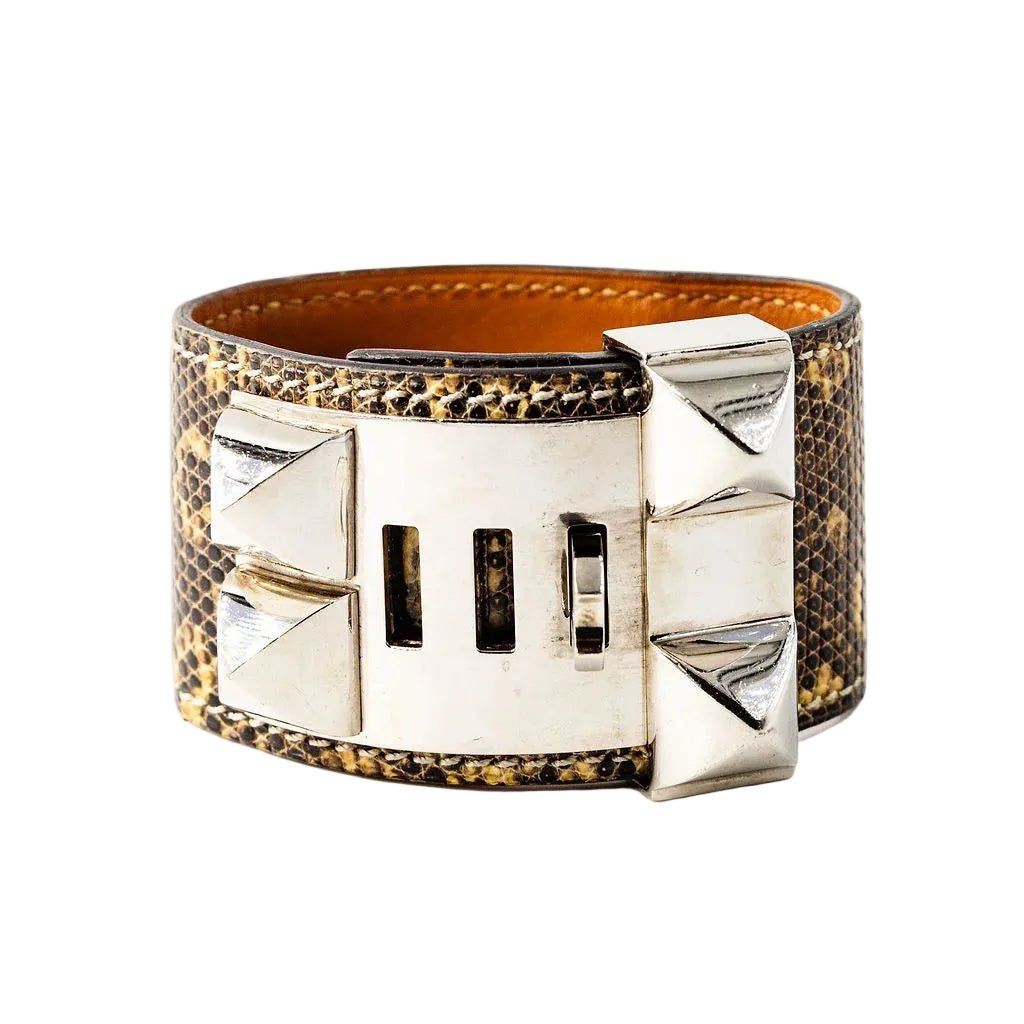 Bracelet Manchette HERMÈS "Collier de chien" en cuir et acier - Castafiore
