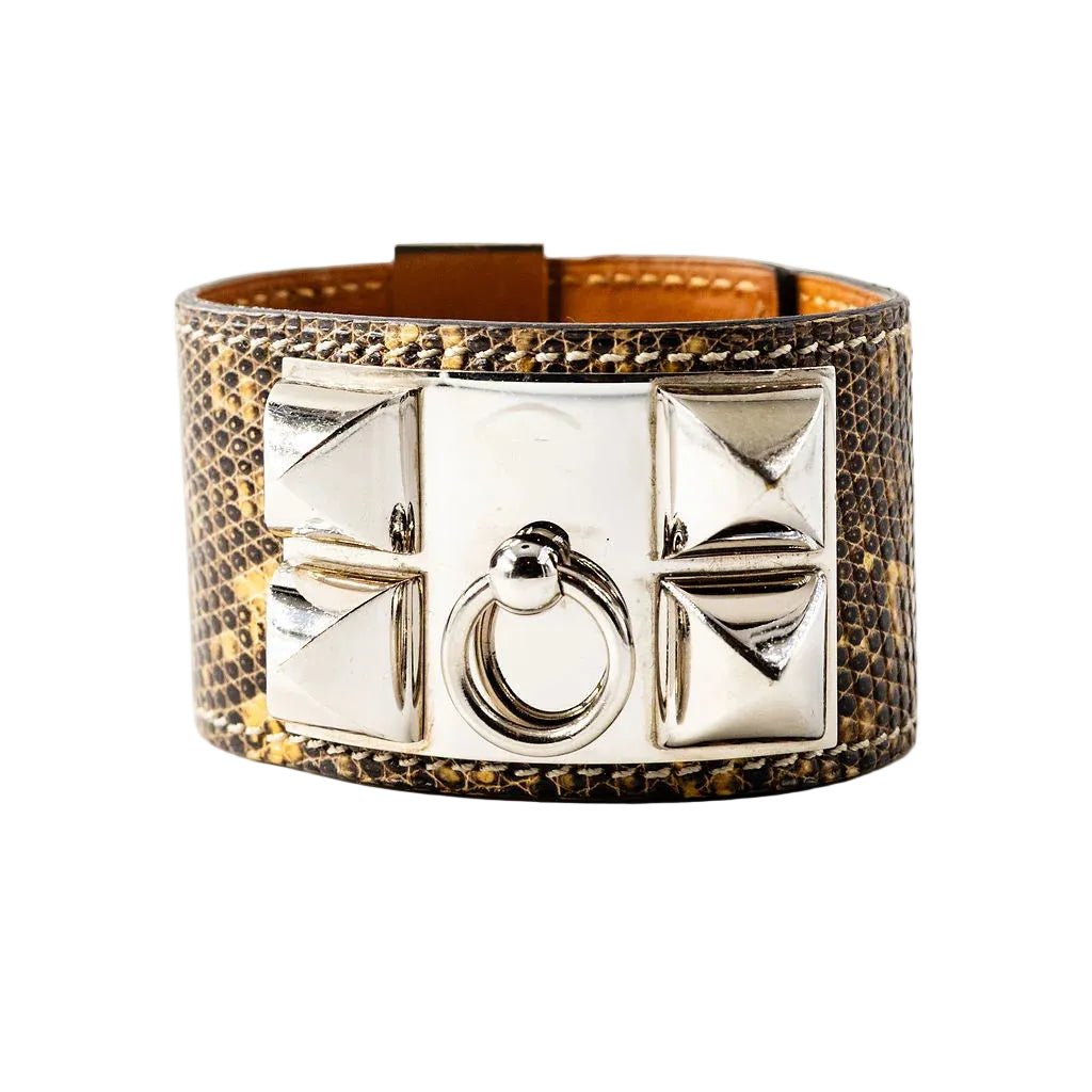 Bracelet Manchette HERMÈS "Collier de chien" en cuir et acier - Castafiore