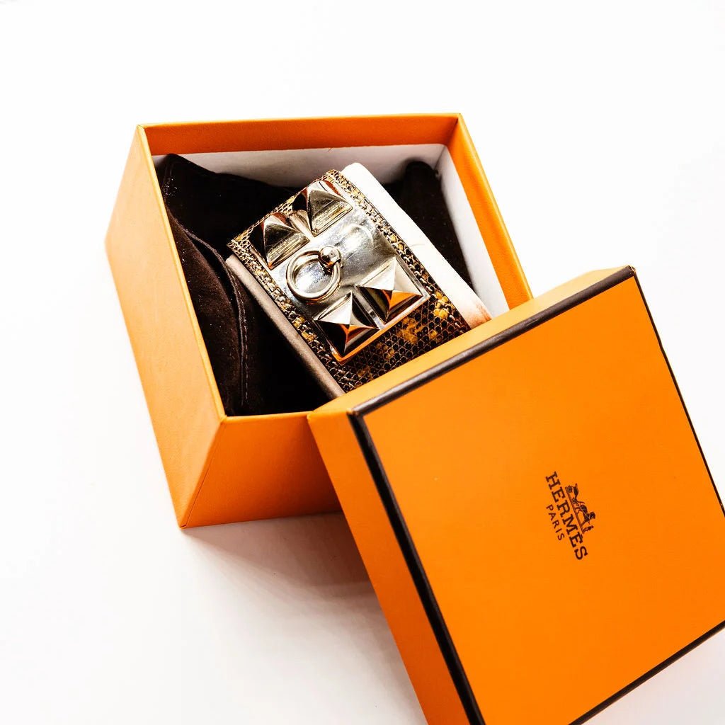 Bracelet Manchette HERMÈS "Collier de chien" en cuir et acier - Castafiore
