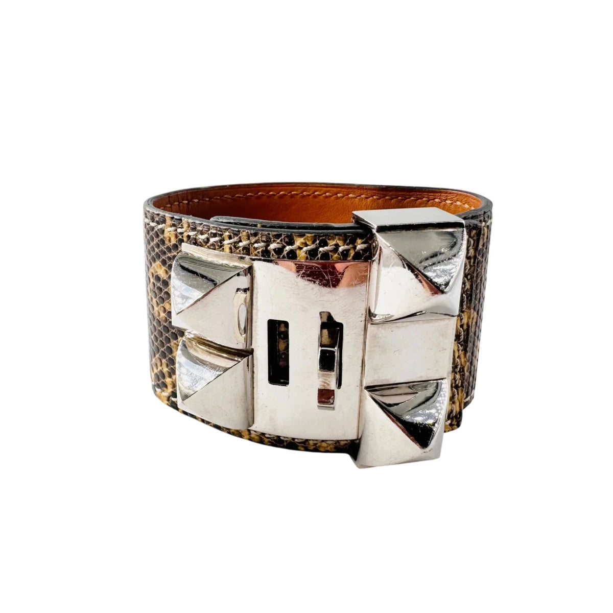 Bracelet Manchette HERMÈS "Collier de chien" en cuir et acier - Castafiore
