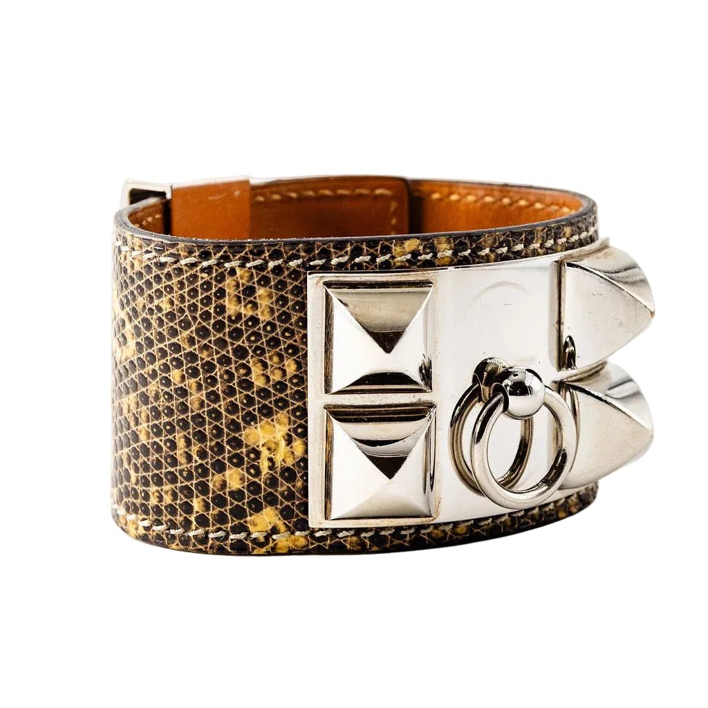 Bracelet Manchette HERMÈS "Collier de chien" en cuir et acier - Castafiore