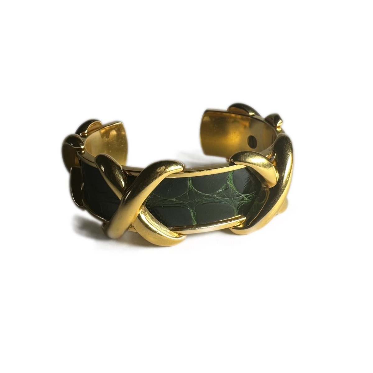 Bracelet Manchette HERMÈS "Croisillons" en métal et cuir - Castafiore