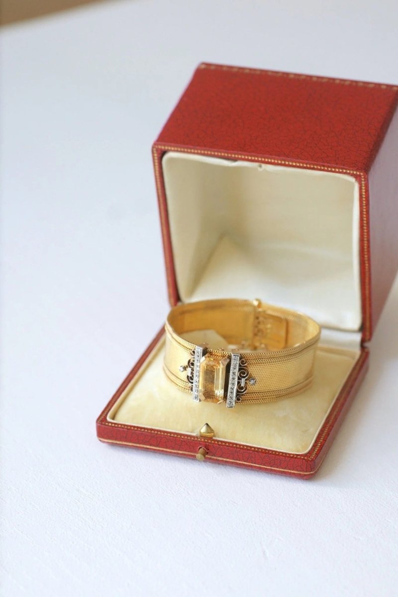 Bracelet manchette maille milanaise, diamants et citrine - Castafiore