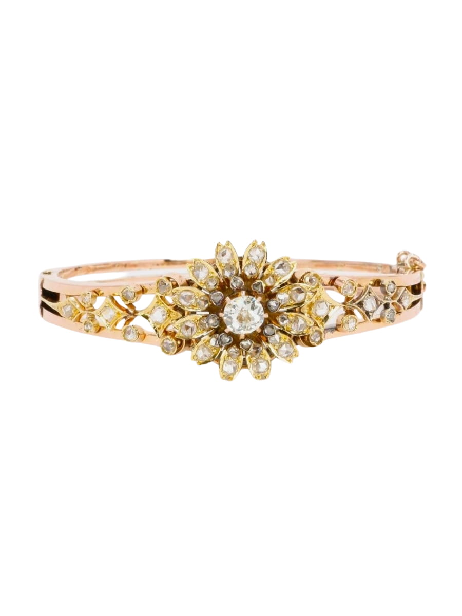 Bracelet Napoléon III fleur mobile or rose diamants taille ancienne - Castafiore