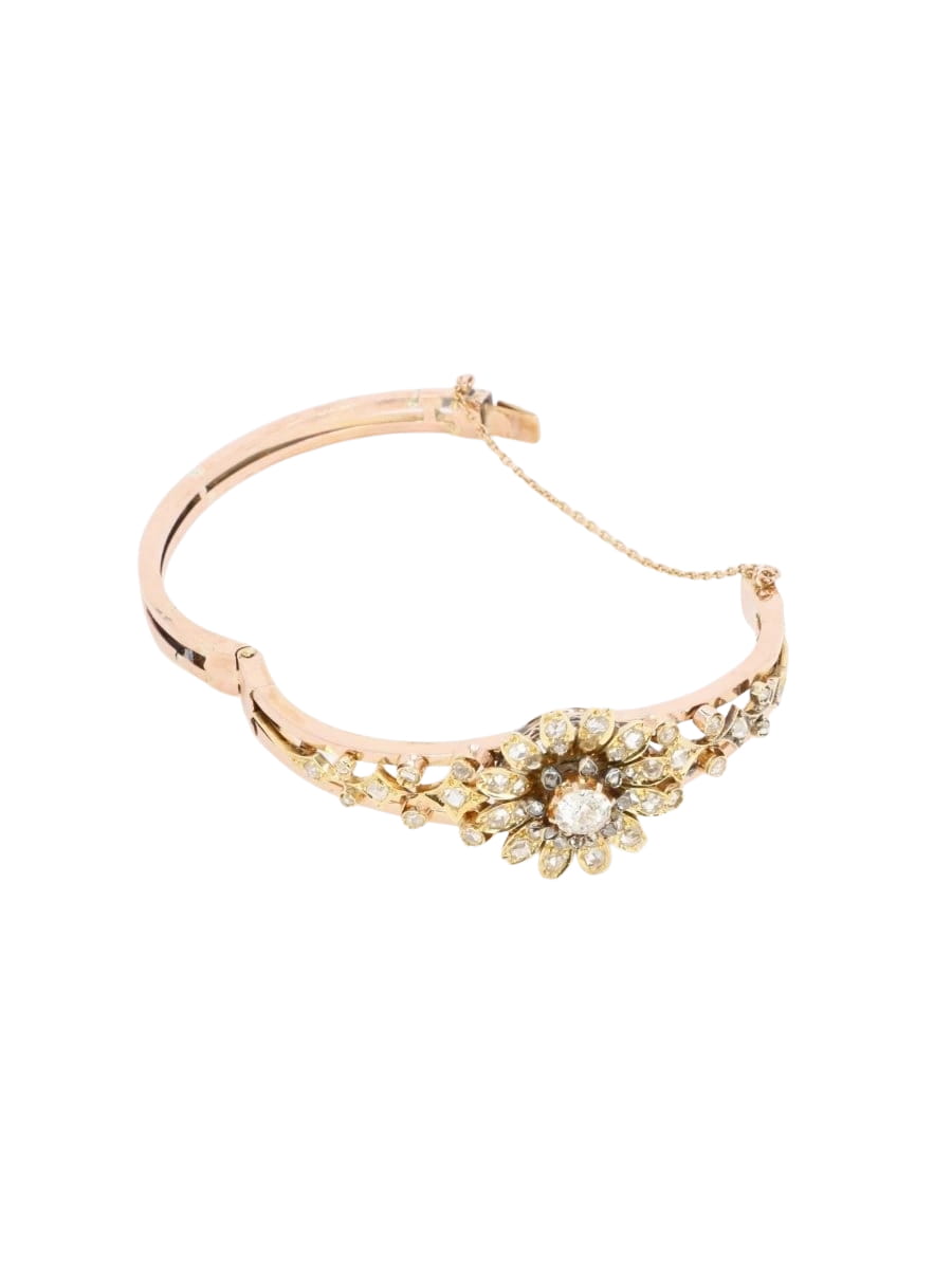 Bracelet Napoléon III fleur mobile or rose diamants taille ancienne - Castafiore