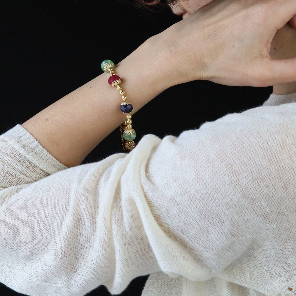 Bracelet yellow gold and ruby sapphire emerald beads