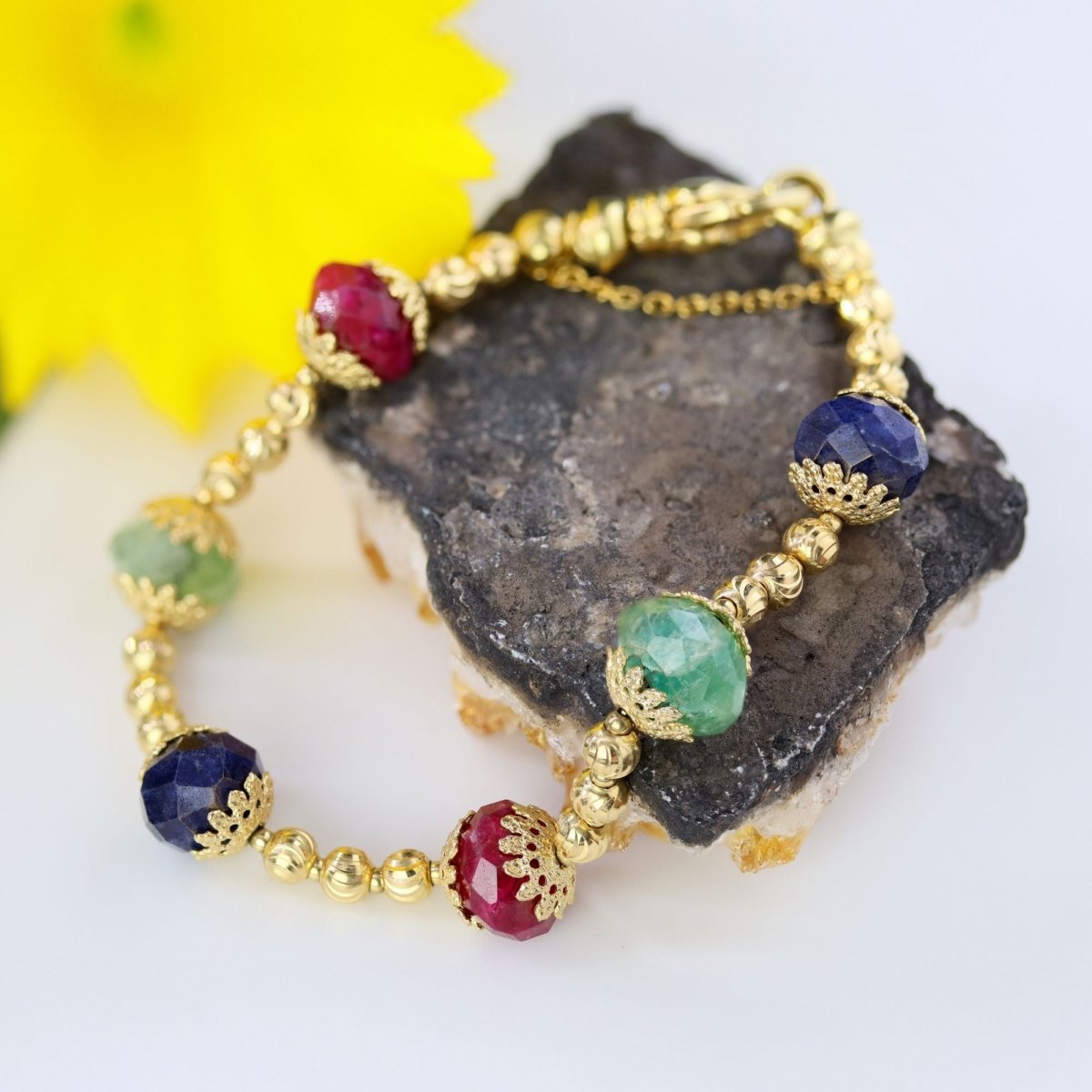 Bracelet yellow gold and ruby sapphire emerald beads