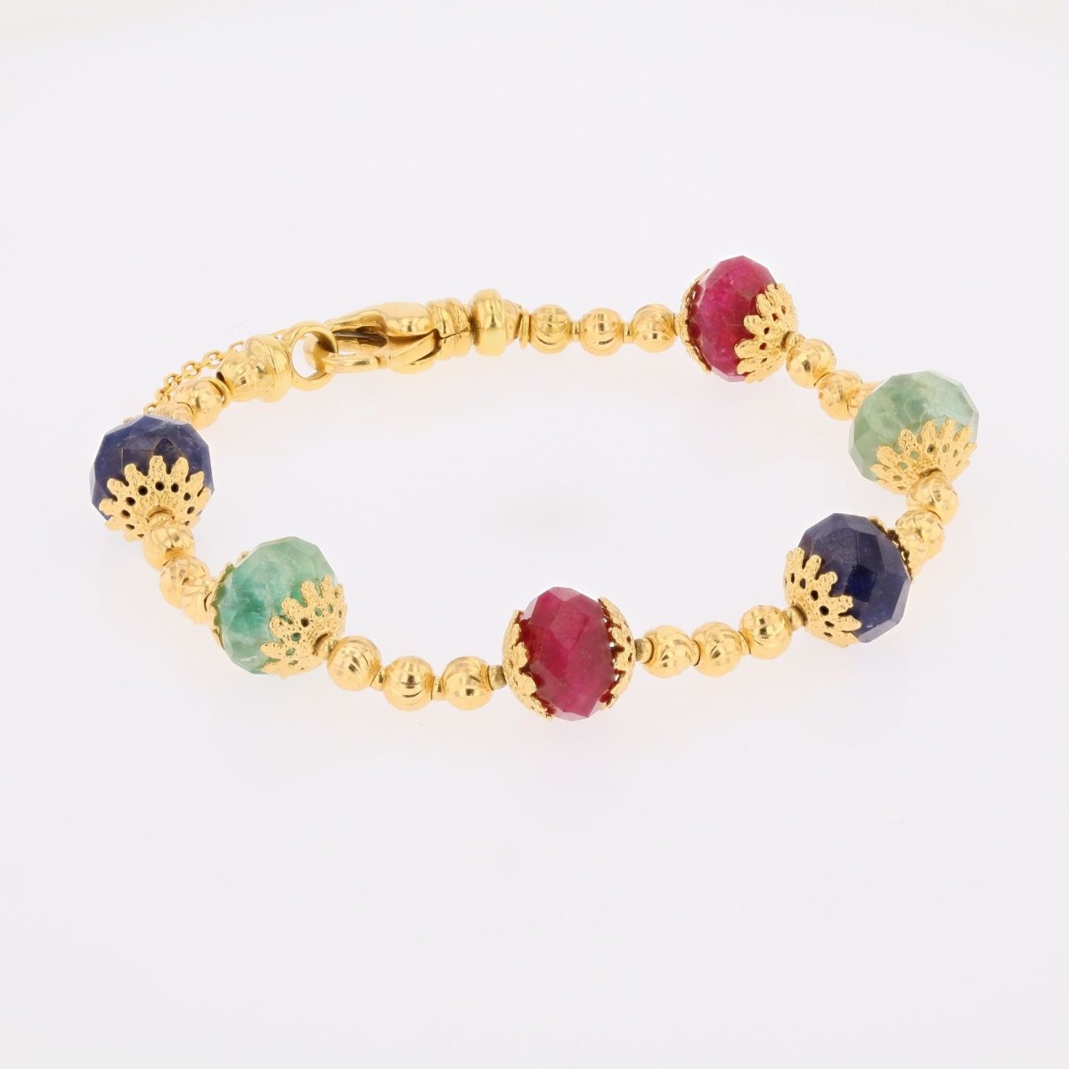 Bracelet yellow gold and ruby sapphire emerald beads