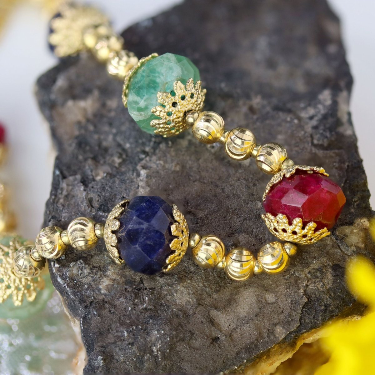 Bracelet yellow gold and ruby sapphire emerald beads