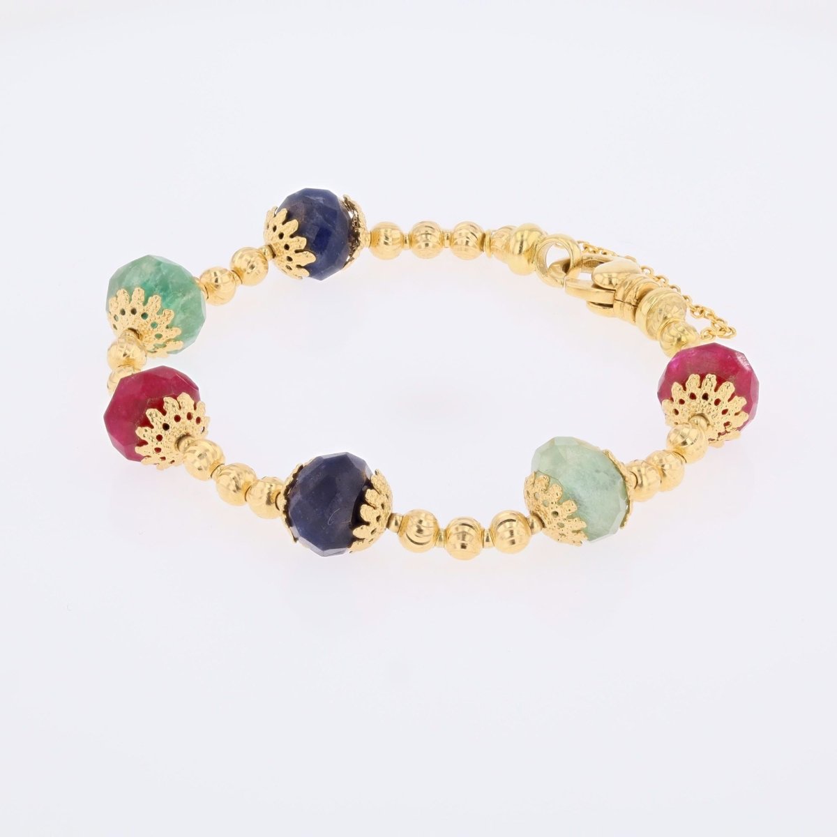 Bracelet yellow gold and ruby sapphire emerald beads