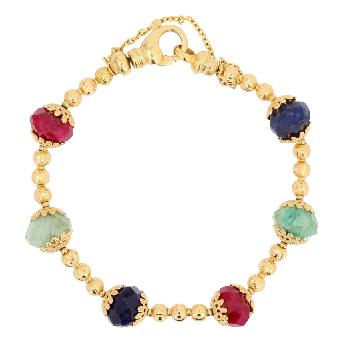 Bracelet yellow gold and ruby sapphire emerald beads