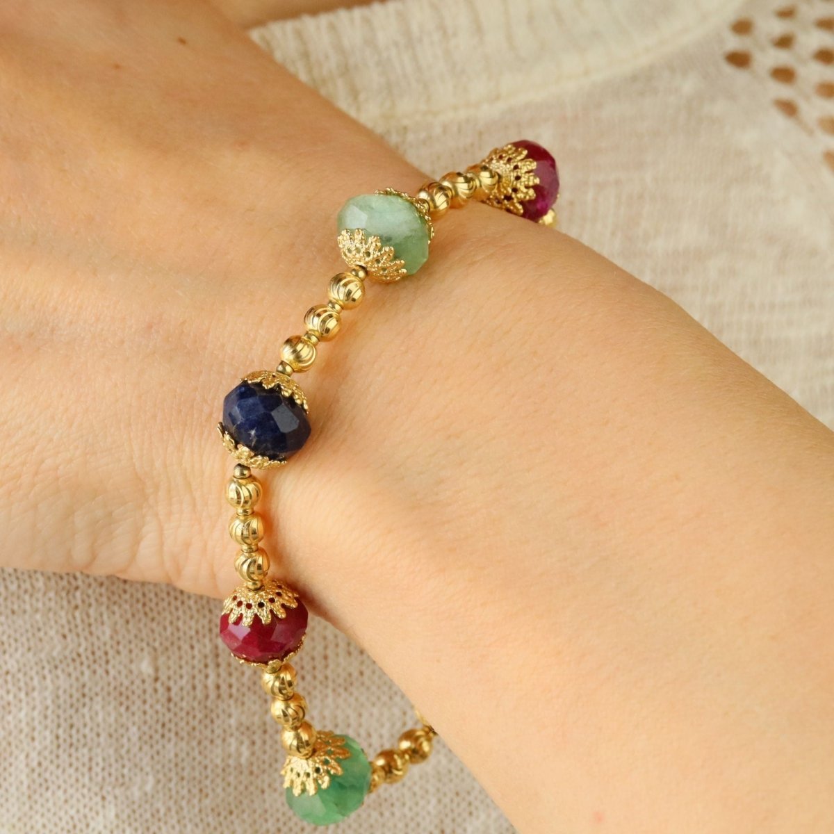 Bracelet yellow gold and ruby sapphire emerald beads