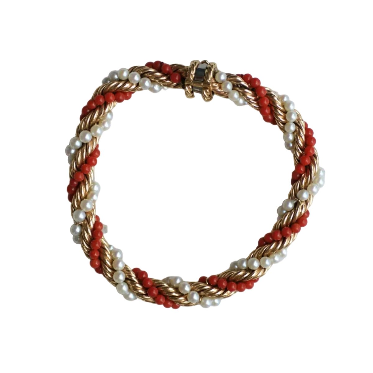Bracelet Souple en or jaune, corail et perles - Castafiore