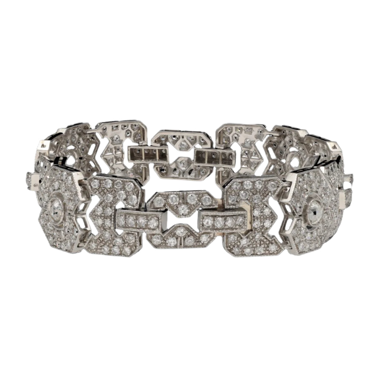 Bracelet Style Art Déco Platine massif avec 8,52 Cts de diamants taille ancienne. 18,5 cm - Castafiore
