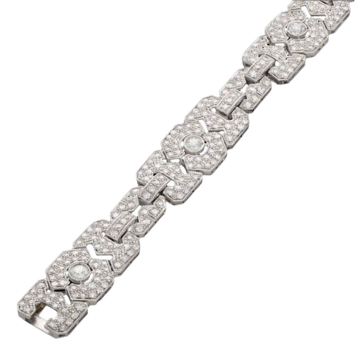 Bracelet Style Art Déco Platine massif avec 8,52 Cts de diamants taille ancienne. 18,5 cm - Castafiore