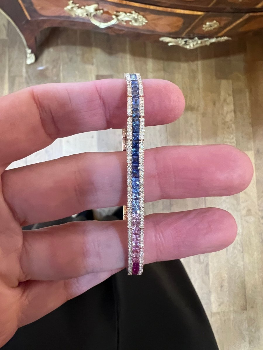Bracelet Tennis 5.70 Carats Saphirs Arc - En - Ciel & Diamants Or Rose 18 Carats - Castafiore