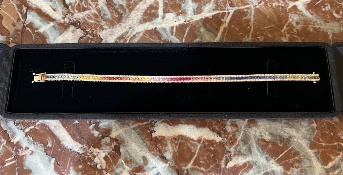 Bracelet Tennis 5.70 Carats Saphirs Arc - En - Ciel & Diamants Or Rose 18 Carats - Castafiore