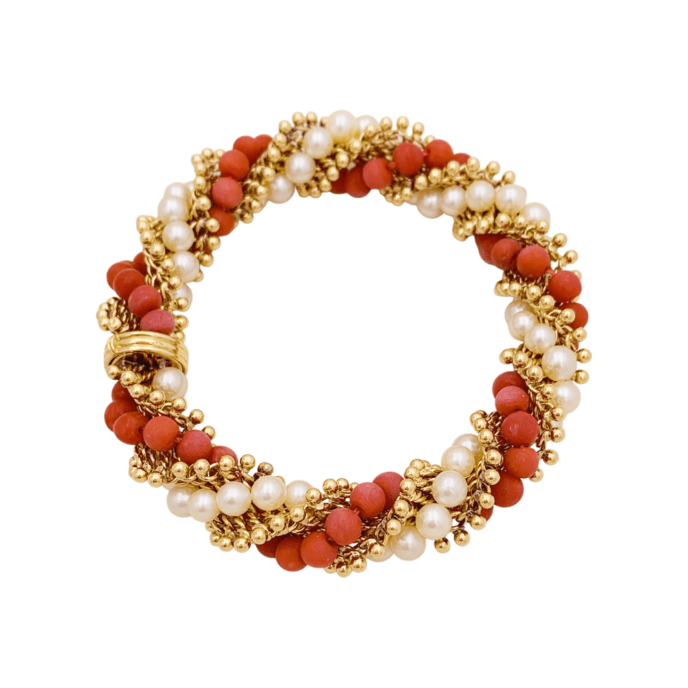 Bracelet VAN CLEEF & ARPELS "Twist" en or jaune, perles et corail - Castafiore