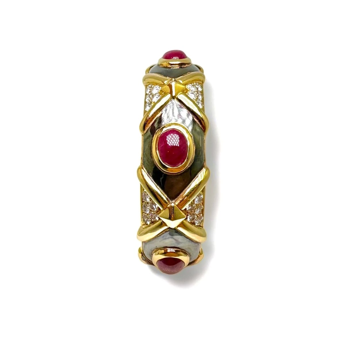 Bracelet vintage jonc en or noirci et jaune orné de rubis et diamants. - Castafiore