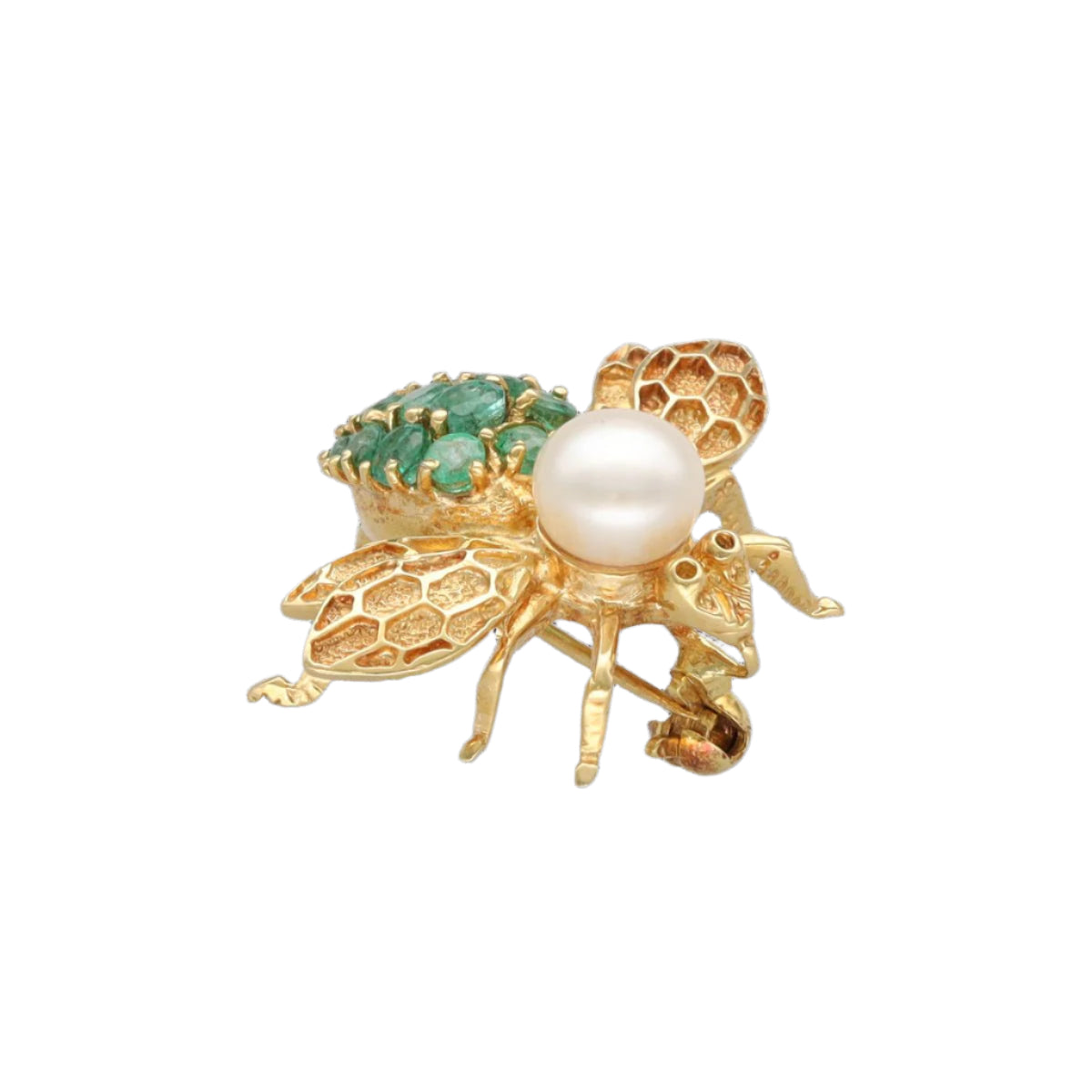 Broche "Abeille" Or jaune 18k avec Emeraudes et Perle de culture 1990. - Castafiore