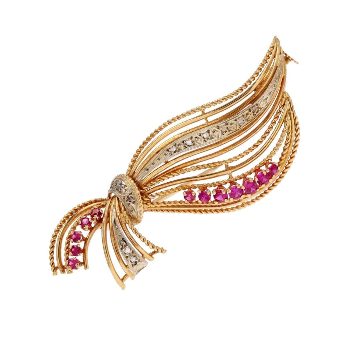 Broche ANCIENNE Ajourée en or jaune diamants et rubis - Castafiore