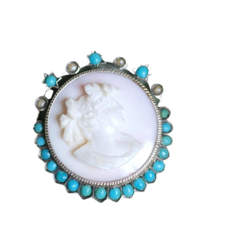 Broche ancienne Autrichienne camée coquille rose, turquoises, et perles sur argent - Castafiore