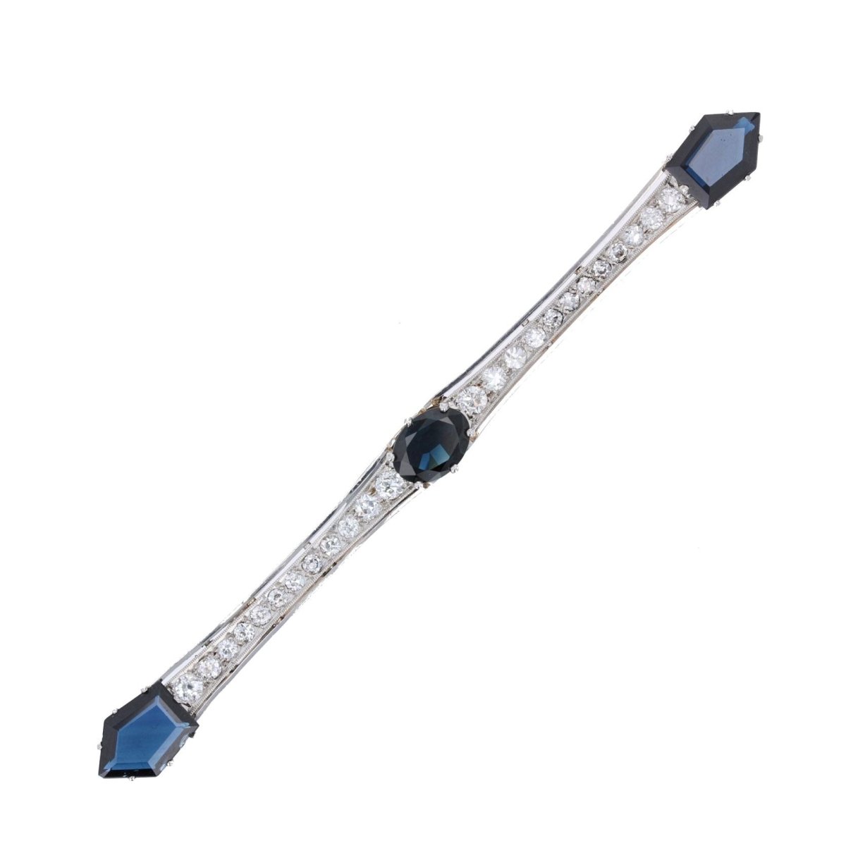 Broche ANCIENNE Barrette en or blanc et jaune saphirs et diamants - Castafiore