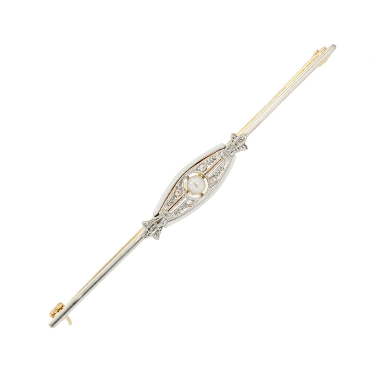 Broche ANCIENNE Barrette en or jaune diamants et perle - Castafiore